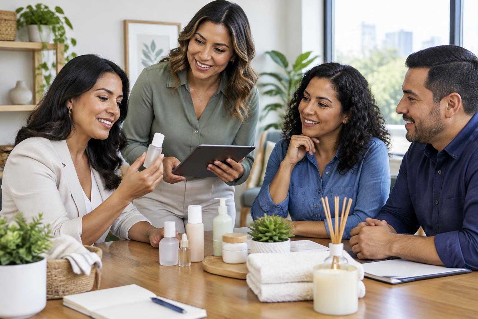 An illustrative direct-selling team discussing products and learning together